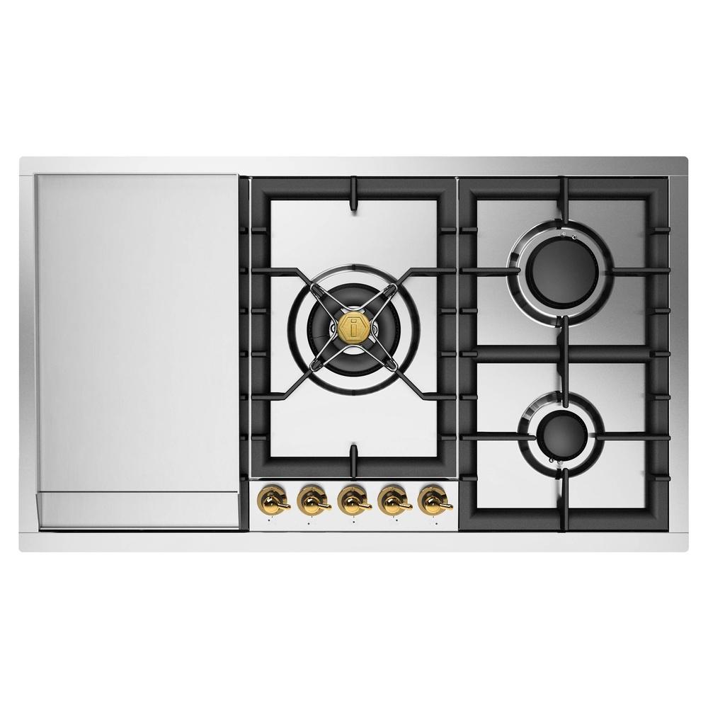 ILVE UHCPT95FNSSG Nostalgie II 36 inch Built-In Gas Cooktop with Total Black Brass Burners, in Stainless Steel (5 Sealed Burners + Griddle, Natural Gas)