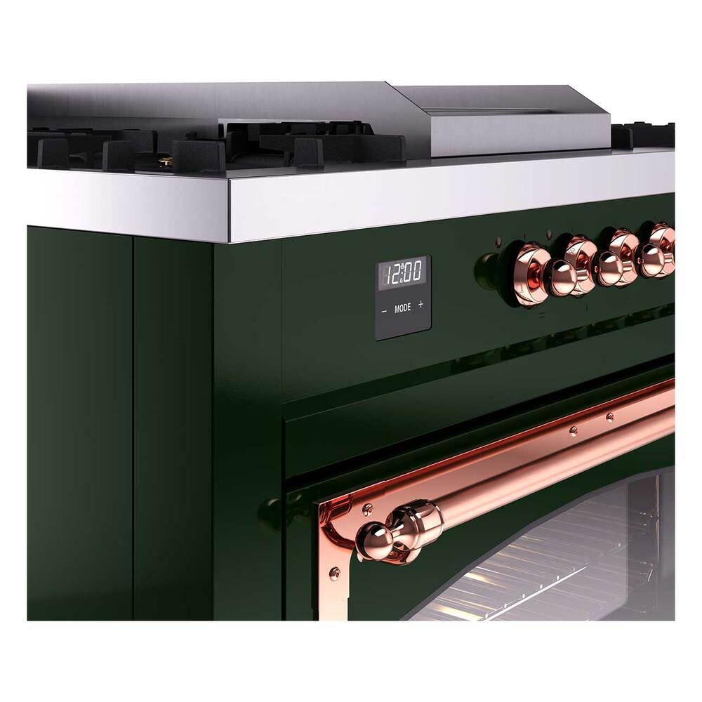 ILVE UN60FSNMPEGP Nostalgie II Noblesse 60 inch Dual Fuel Range (7 Sealed Burners + Griddle + French Top, Natural Gas, Triple Glass Door, Emerald Green, Copper)