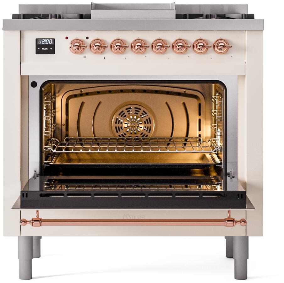 Nostalgie II 36 Inch Dual Fuel Natural Gas Freestanding Range in Antique White with Copper Trim