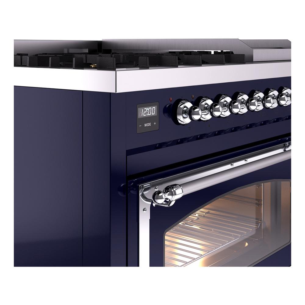 ILVE UN48FNMPMBCLP Nostalgie II Noblesse 48 inch Dual Fuel Range (8 Sealed Burners + Griddle, Liquid Propane, Triple Glass Door, Midnight Blue, Chrome)
