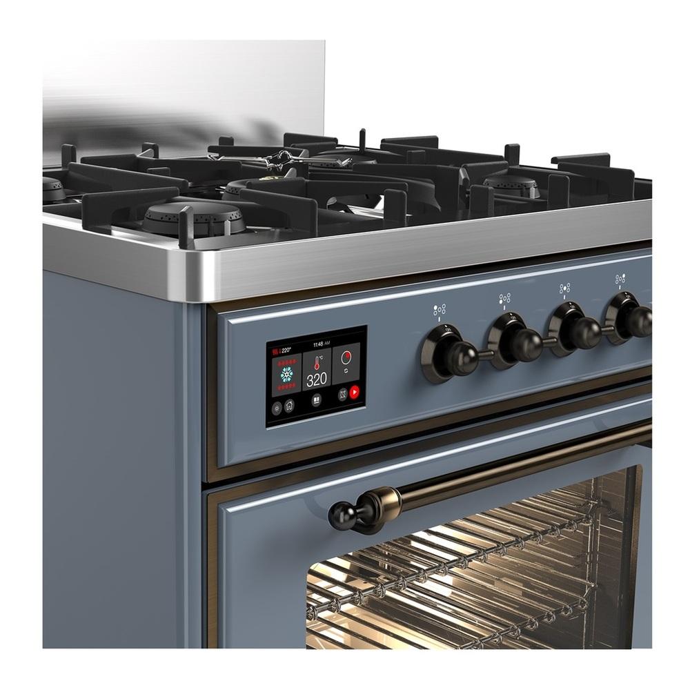 ILVE UM30NR3BGB Majestic III 30 inch Dual Fuel Range with 5 Black Brass Burners, Dual Function Burner up to 25,000 BTU (Natural Gas, Triple Glass Door, Blue Grey, Burnished)