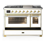 ILVE UM48FNR3WHGLP Majestic III 48 inch Dual Fuel Range with 8 Burners and Griddle, Dual Function Burner up to 25,000 BTU (Liquid Propane, Triple Glass Door, White, Brass)