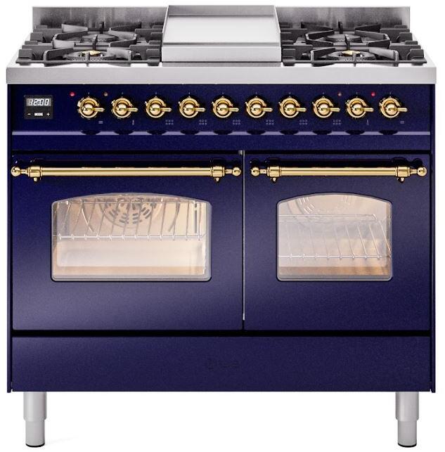 Nostalgie II 40 Inch Dual Fuel Natural Gas Freestanding Range in Blue with Brass Trim