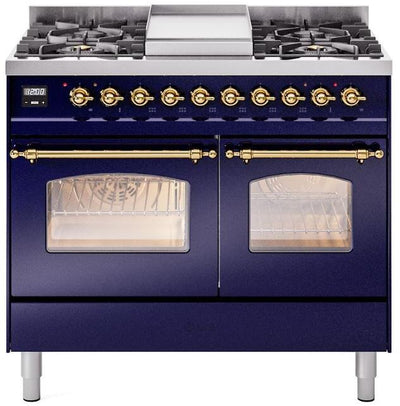 Nostalgie II 40 Inch Dual Fuel Natural Gas Freestanding Range in Blue with Brass Trim