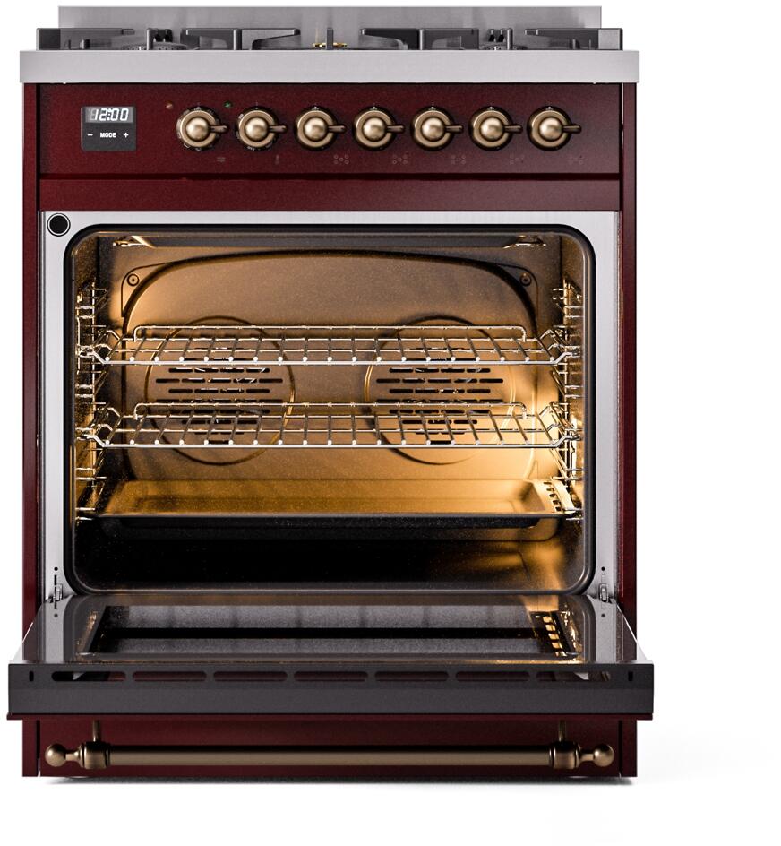 Nostalgie II 30 Inch Dual Fuel Natural Gas Freestanding Range in Burgundy with Bronze Trim