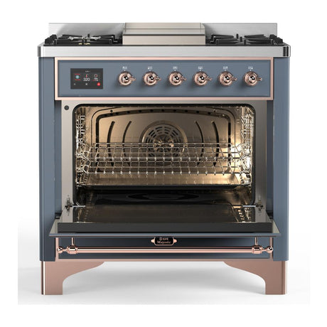 ILVE UM36FQNR3BGPLP Majestic III 36 inch Dual Fuel Range with 6 Black Brass Burners and Griddle, Dual Function Burner up to 25,000 BTU (Solid Door, Blue Grey, Copper, Liquid Propane)