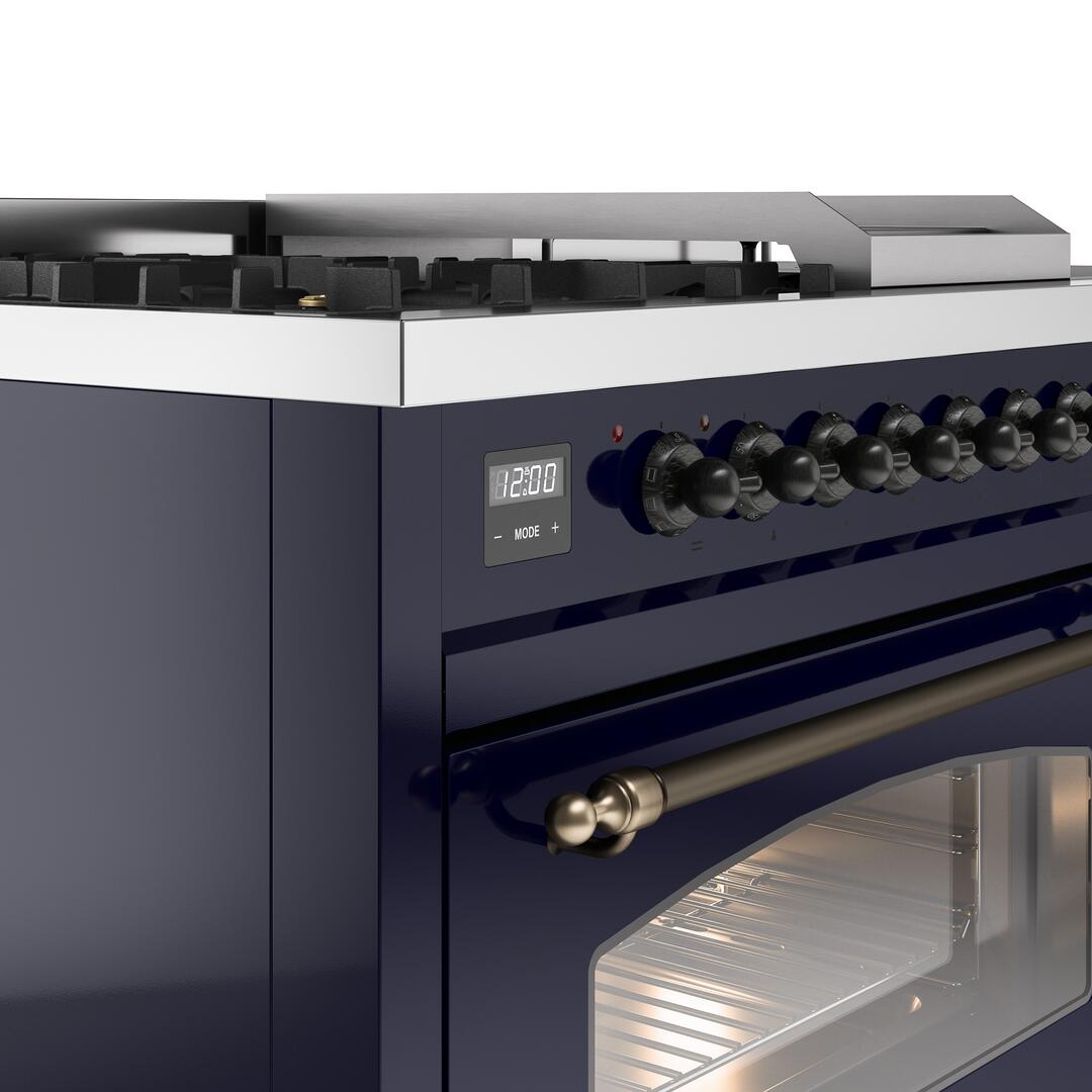Nostalgie II 48 Inch Dual Fuel Natural Gas Freestanding Range in Blue with Bronze Trim