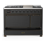 ILVE UM48FQNR3MGBLP Majestic III 48 inch Dual Fuel Range with 8 Burners and Griddle, Dual Function Burner up to 25,000 BTU (Liquid Propane, Solid Door, Graphite Matte, Burnished)