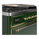 ILVE UM48FSQNR3EGGLP Majestic III 48 inch Dual Fuel Range with 5 Black Brass Burners, Griddle and French Top, Dual Function Burner up to 25,000 BTU (Liquid Propane, Solid Door, Emerald Green, Brass)