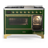 ILVE UM48FNR3EGG Majestic III 48 inch Dual Fuel Range with 8 Burners and Griddle, Dual Function Burner up to 25,000 BTU (Natural Gas, Triple Glass Door, Emerald Green, Brass)