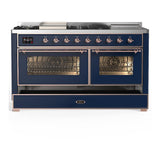 ILVE UM60FSNR3MBP Majestic III 60 inch Dual Fuel Range with 7 Burners, Griddle and French Top, Dual Function Burner with up to 25,000 BTU (Natural Gas, Triple Glass Door, Midnight Blue, Copper)