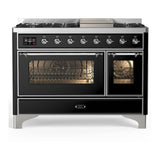 ILVE UM48FNR3BKC Majestic III 48 inch Dual Fuel Range with 8 Burners and Griddle, Dual Function Burner up to 25,000 BTU (Natural Gas, Triple Glass Door, Glossy Black, Chrome)