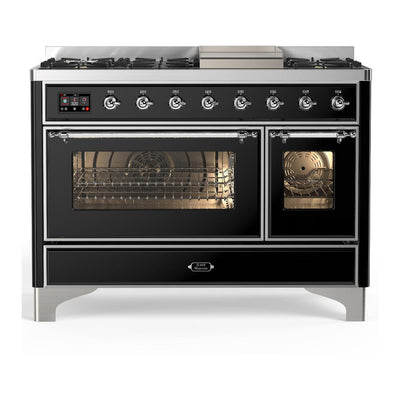ILVE UM48FNR3BKC Majestic III 48 inch Dual Fuel Range with 8 Burners and Griddle, Dual Function Burner up to 25,000 BTU (Natural Gas, Triple Glass Door, Glossy Black, Chrome)