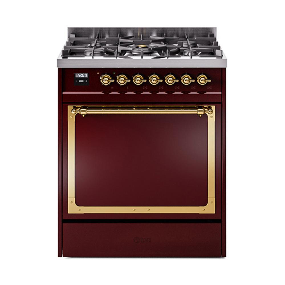 ILVE UN30QNMPBUG Nostalgie II Noblesse 30 inch Dual Fuel Range (Natural Gas, Solid Door, Burgundy, Brass)