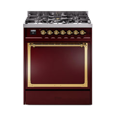 ILVE UN30QNMPBUG Nostalgie II Noblesse 30 inch Dual Fuel Range (Natural Gas, Solid Door, Burgundy, Brass)