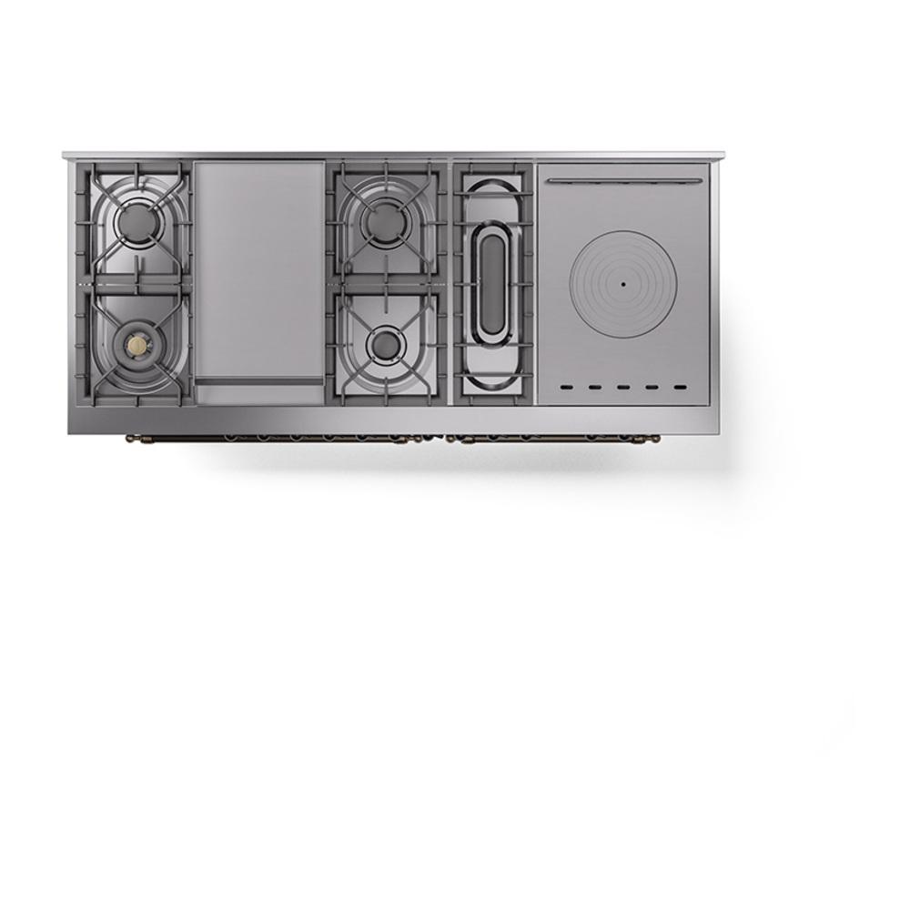 ILVE UN60FSQNMPBGBLP Nostalgie II Noblesse 60 inch Dual Fuel Range (7 Sealed Burners + Griddle + French Top, Liquid Propane, Solid Door, Blue Grey, Burnished)