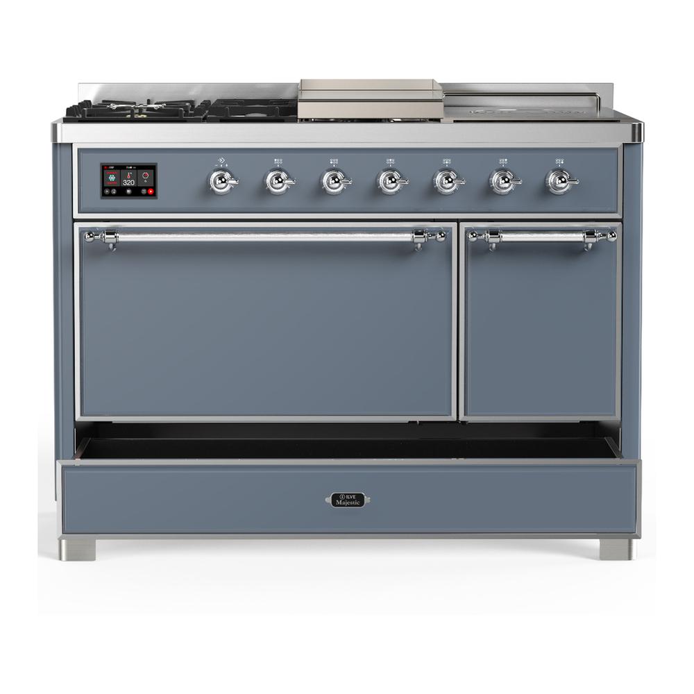 ILVE UM48FSQNR3BGC Majestic III 48 inch Dual Fuel Range with 5 Black Brass Burners, Griddle and French Top, Dual Function Burner up to 25,000 BTU (Natural Gas, Solid Door, Blue Grey, Chrome)