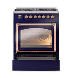 ILVE UN30NMPMBPLP Nostalgie II Noblesse 30 inch Dual Fuel Range (Liquid Propane, Triple Glass Door, Midnight Blue, Copper)
