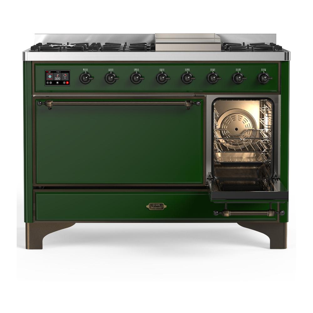 ILVE UM48FQNR3EGBLP Majestic III 48 inch Dual Fuel Range with 8 Burners and Griddle, Dual Function Burner up to 25,000 BTU (Liquid Propane, Solid Door, Emerald Green, Burnished)