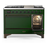 ILVE UM48FQNR3EGBLP Majestic III 48 inch Dual Fuel Range with 8 Burners and Griddle, Dual Function Burner up to 25,000 BTU (Liquid Propane, Solid Door, Emerald Green, Burnished)
