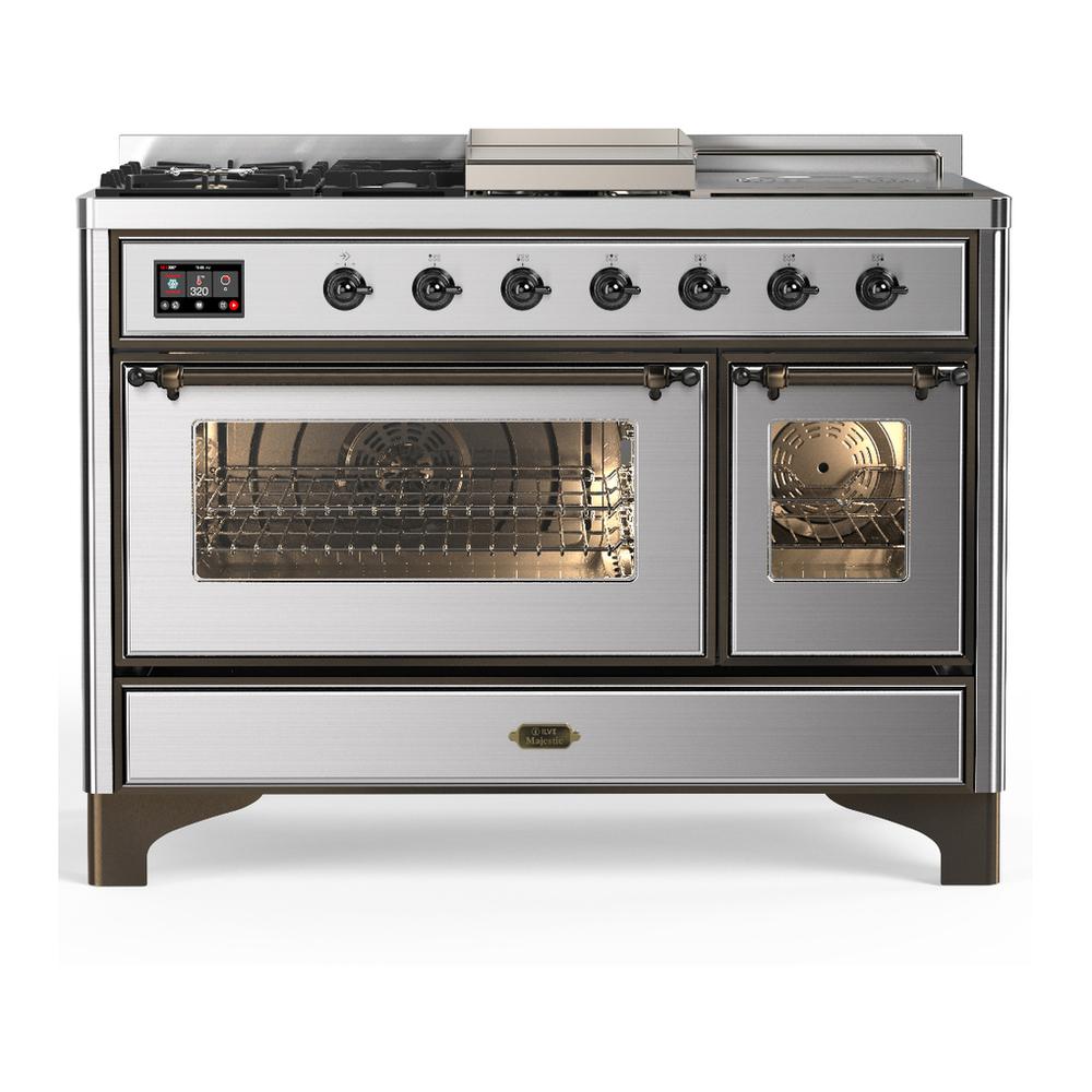 ILVE UM48FSNR3SSB Majestic III 48 inch Dual Fuel Range with 5 Black Brass Burners, Griddle and French Top, Dual Function Burner up to 25,000 BTU (Natural Gas, Triple Glass Door, Stainless Steel, Burnished)