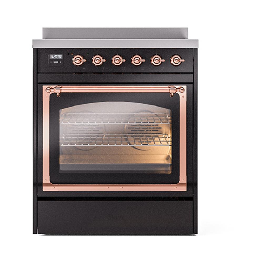 ILVE UNI304NMPBKP Nostalgie II Noblesse 30 inch Induction Range (Triple Glass Door, Glossy Black, Copper)