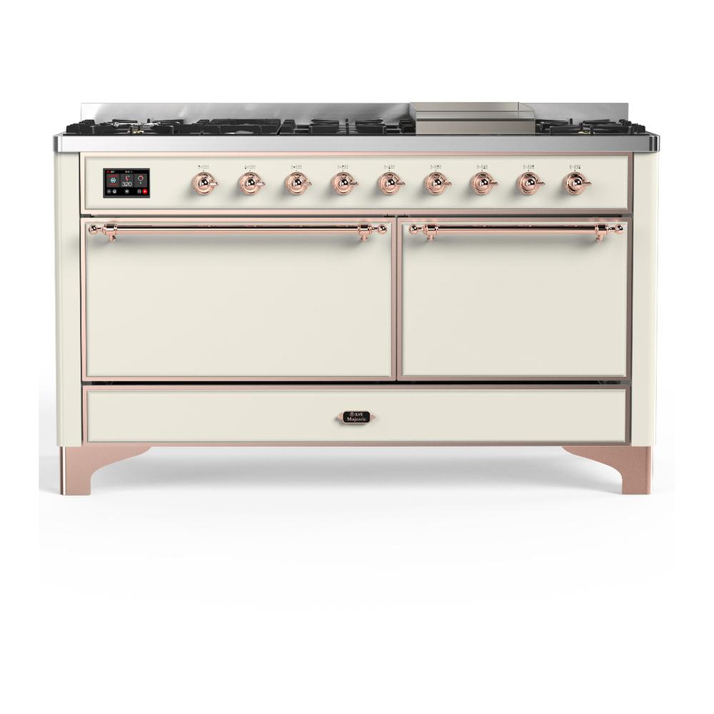 ILVE UM60FQNR3AWP Majestic III 60 inch Dual Fuel Range with 9 Burners and Griddle, Dual Function Burner up to 25,000 BTU (Natural Gas, Solid Door, Antique White, Copper)