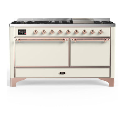 ILVE UM60FQNR3AWP Majestic III 60 inch Dual Fuel Range with 9 Burners and Griddle, Dual Function Burner up to 25,000 BTU (Natural Gas, Solid Door, Antique White, Copper)
