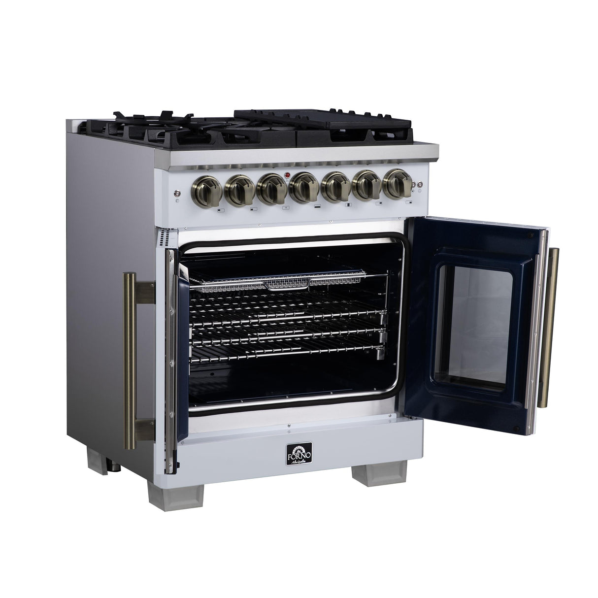 Forno Capriasca 30 Inch Freestanding French Door Dual Fuel Range in White with Antique Brass Accessories, 5 Burners, True Convection Oven