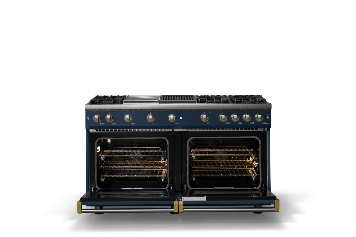 60"W. Sealed Burner Gas Range (Finish: Slate Blue, Trim: Brushed Brass, Fuel: Natural Gas)