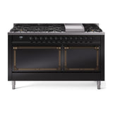 ILVE UN60FQNMPBKBLP Nostalgie II Noblesse 60 inch Dual Fuel Range (9 Sealed Burners + Griddle, Liquid Propane, Solid Door, Glossy Black, Burnished)