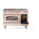 ILVE UN48FSNMPAWPLP Nostalgie II Noblesse 48 inch Dual Fuel Range (5 Sealed Burners + Griddle + French Top, Liquid Propane, Triple Glass Door, Antique White, Copper)