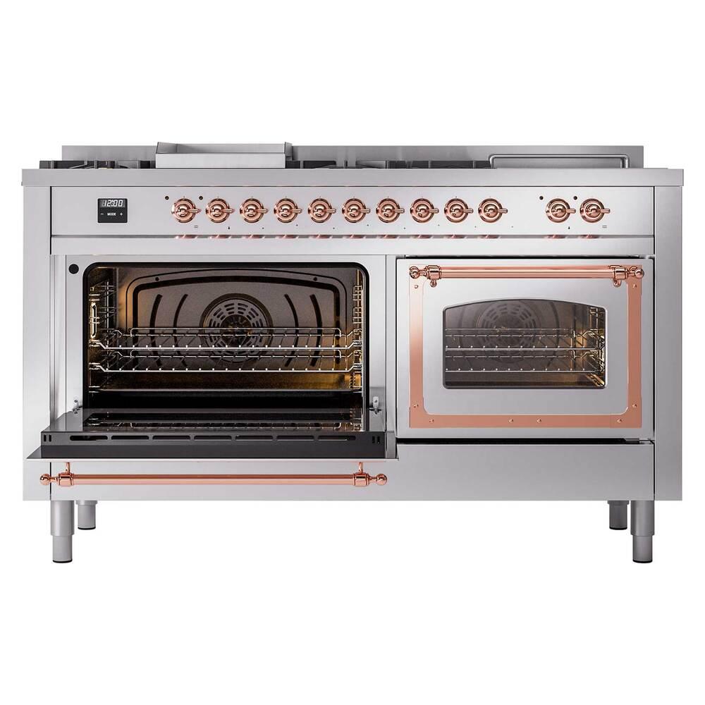 ILVE UN60FSNMPSSPLP Nostalgie II Noblesse 60 inch Dual Fuel Range (7 Sealed Burners + Griddle + French Top, Liquid Propane, Triple Glass Door, Stainless Steel, Copper)