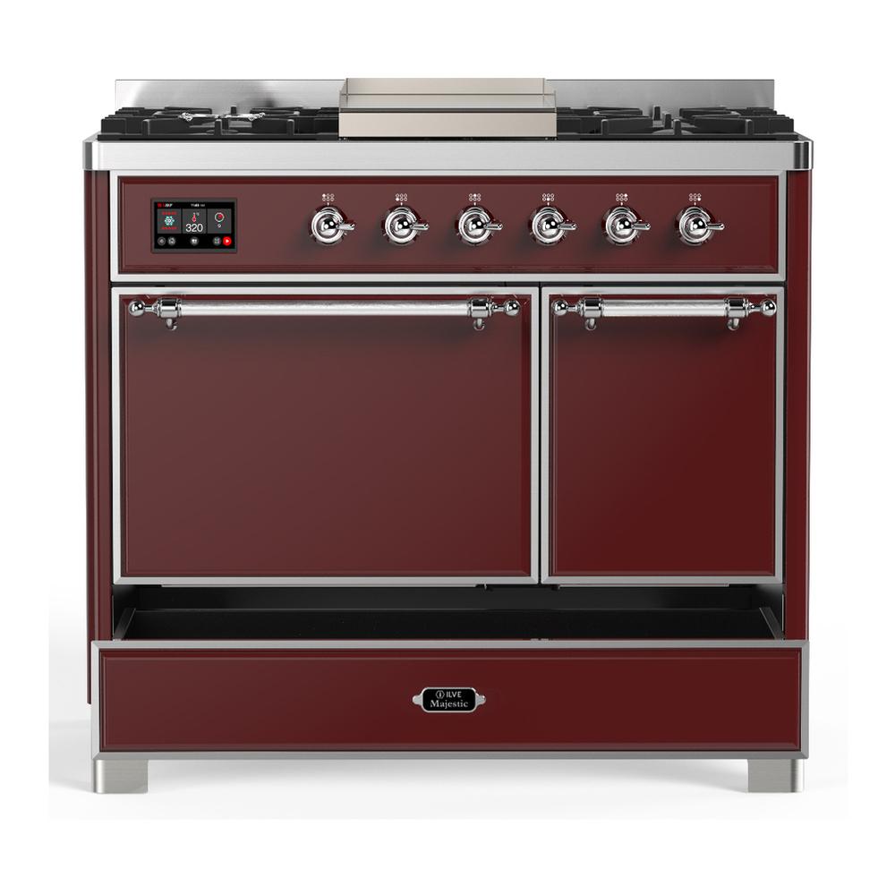 ILVE UMD40FQNR3BUCLP Majestic III 40 inch Dual Fuel Range with 6 Burners and Griddle, Dual Function Burner up to 25,000 BTU (Liquid Propane, Solid Door, Burgundy, Chrome)