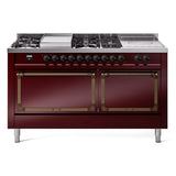 ILVE UN60FSQNMPBUB Nostalgie II Noblesse 60 inch Dual Fuel Range (7 Sealed Burners + Griddle + French Top, Natural Gas, Solid Door, Burgundy, Burnished)