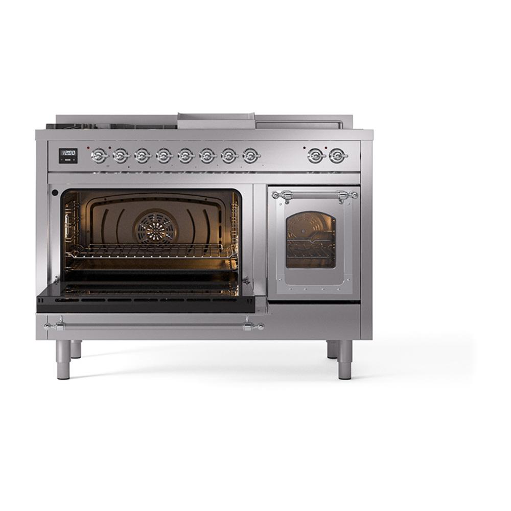ILVE UN48FSNMPSSC Nostalgie II Noblesse 48 inch Dual Fuel Range (5 Sealed Burners + Griddle + French Top, Natural Gas, Triple Glass Door, Stainless Steel, Chrome)