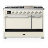 ILVE UM48FQNR3AWC Majestic III 48 inch Dual Fuel Range with 8 Burners and Griddle, Dual Function Burner up to 25,000 BTU (Natural Gas, Solid Door, Antique White, Chrome)