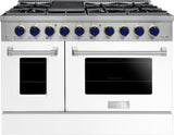 FGR488BWW34 48" All Gas Freestanding Range in White with Blue Knob Kit Set and Brass Bezel Kit Set