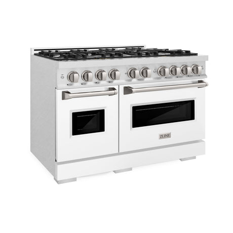 ZLINE 48 in. 6.7 cu. ft. Classic Double Oven Gas Range with 8 Burner Cooktop in DuraSnow' Stainless Steel with White Matte Doors (CGRS-WM-48)