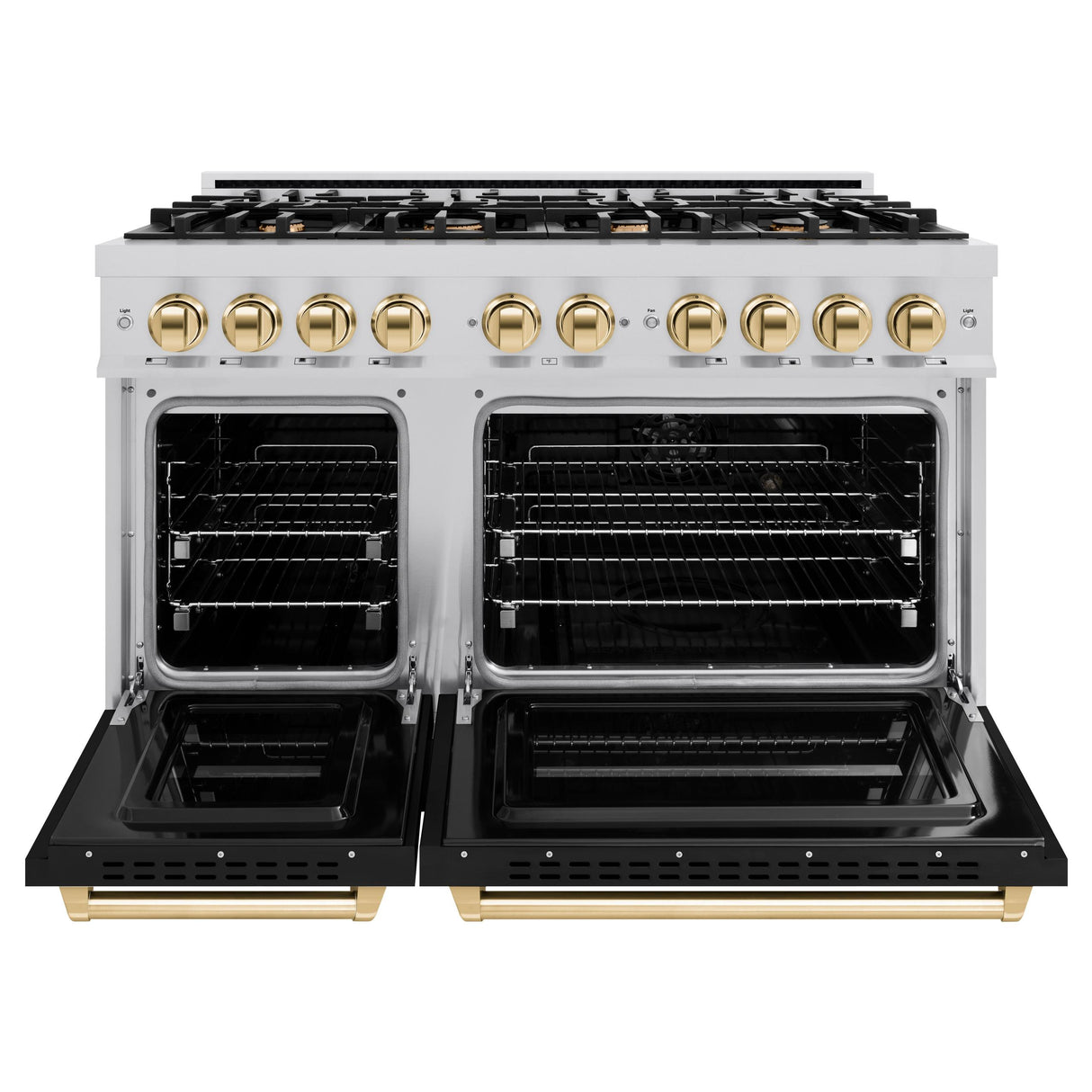 ZLINE Autograph Edition 48 in. 6.7 cu. ft. Classic Double Oven Dual Fuel Range with 8 Burner Gas Cooktop in Stainless Steel with Black Matte Doors and Polished Gold Accents (CDRZ-BLM-48-G)
