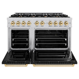 ZLINE Autograph Edition 48 in. 6.7 cu. ft. Classic Double Oven Dual Fuel Range with 8 Burner Gas Cooktop in Stainless Steel with Black Matte Doors and Polished Gold Accents (CDRZ-BLM-48-G)