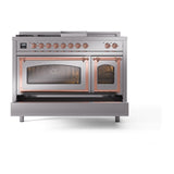 ILVE UN48FSNMPSSPLP Nostalgie II Noblesse 48 inch Dual Fuel Range (5 Sealed Burners + Griddle + French Top, Liquid Propane, Triple Glass Door, Stainless Steel, Copper)