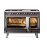 ILVE UN48FQNMPMGBLP Nostalgie II Noblesse 48 inch Dual Fuel Range (8 Sealed Burners + Griddle, Liquid Propane, Solid Door, Graphite Matte, Burnished)