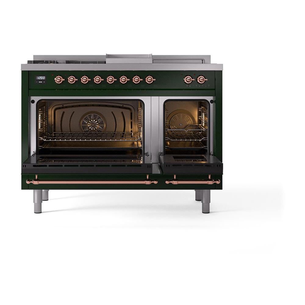 ILVE UN48FSQNMPEGP Nostalgie II Noblesse 48 inch Dual Fuel Range (5 Sealed Burners + Griddle + French Top, Natural Gas, Solid Door, Emerald Green, Copper)