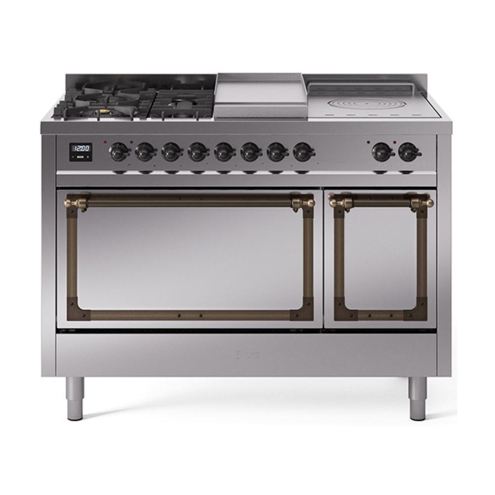 ILVE UN48FSQNMPSSBLP Nostalgie II Noblesse 48 inch Dual Fuel Range (5 Sealed Burners + Griddle + French Top, Liquid Propane, Solid Door, Stainless Steel, Burnished)