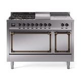 ILVE UN48FSQNMPSSBLP Nostalgie II Noblesse 48 inch Dual Fuel Range (5 Sealed Burners + Griddle + French Top, Liquid Propane, Solid Door, Stainless Steel, Burnished)