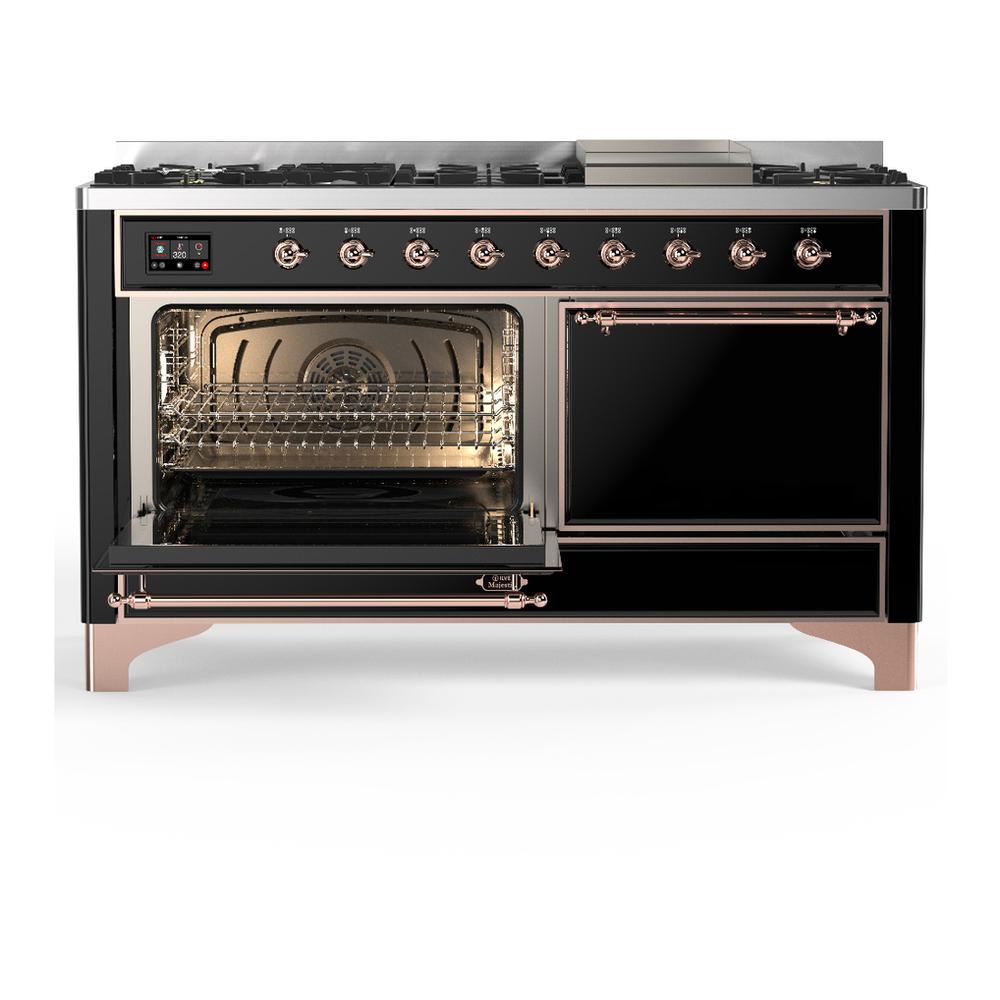 ILVE UM60FQNR3BKP Majestic III 60 inch Dual Fuel Range with 9 Burners and Griddle, Dual Function Burner up to 25,000 BTU (Natural Gas, Solid Door, Glossy Black, Copper)