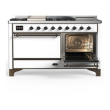 ILVE UM60FSQNR3WHBLP Majestic III 60 inch Dual Fuel Range with 7 Burners, Griddle and French Top, Dual Function Burner with up to 25,000 BTU (Liquid Propane, Solid Door, White, Burnished)