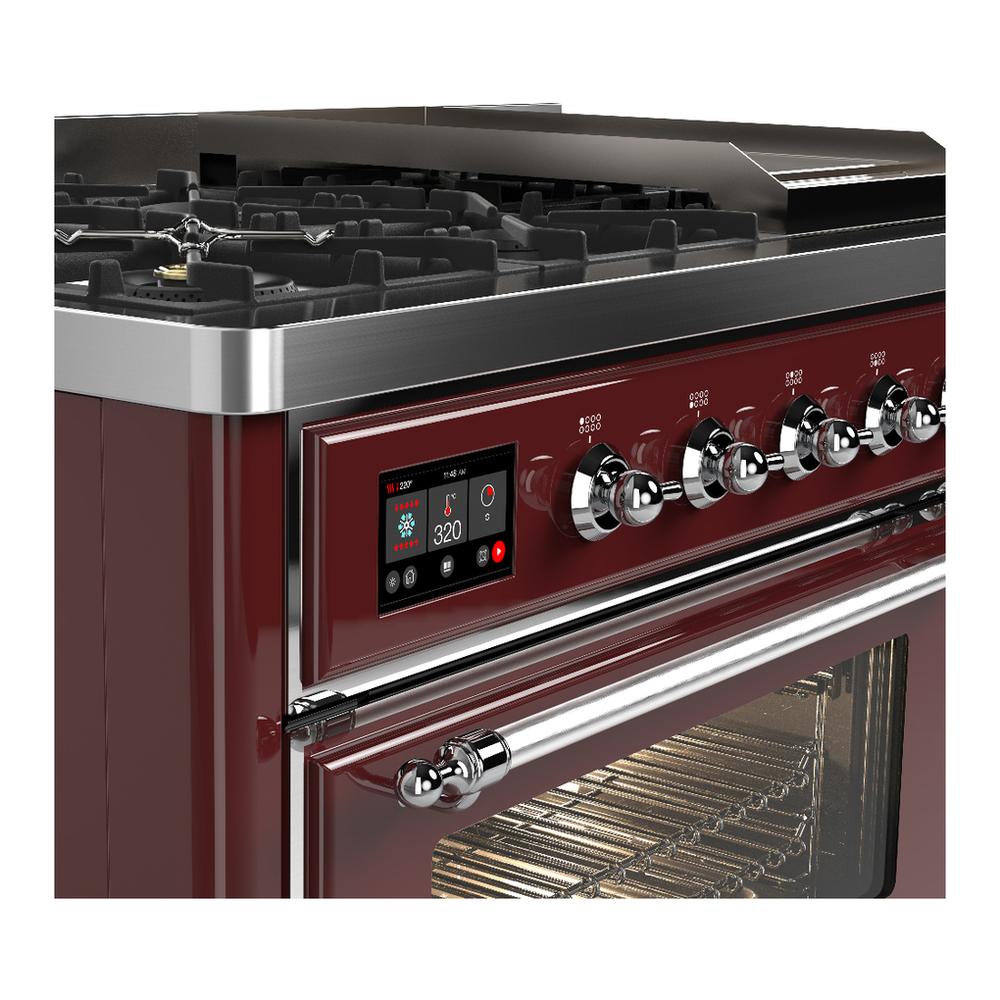 ILVE UM48FNR3BUCLP Majestic III 48 inch Dual Fuel Range with 8 Burners and Griddle, Dual Function Burner up to 25,000 BTU (Liquid Propane, Triple Glass Door, Burgundy, Chrome)