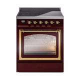 ILVE UNI304NMPBUG Nostalgie II Noblesse 30 inch Induction Range (Triple Glass Door, Burgundy, Brass)
